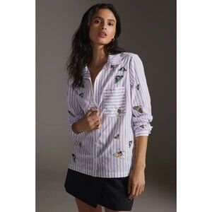 MAEVE Striped Embroidered Butterfly cotton Poplin Button Down Shirt, Size XS
